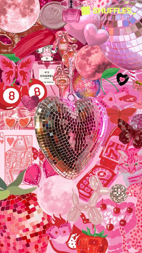 Created by Berrypiestudio on Shuffles It Girl Collage, Pink Collages Aesthetic, Pink Disco Party, Shuffle Collage, Disco Aesthetic, Hot Pink Wallpaper, Pink Disco, Disco Theme, Birthday Wallpaper