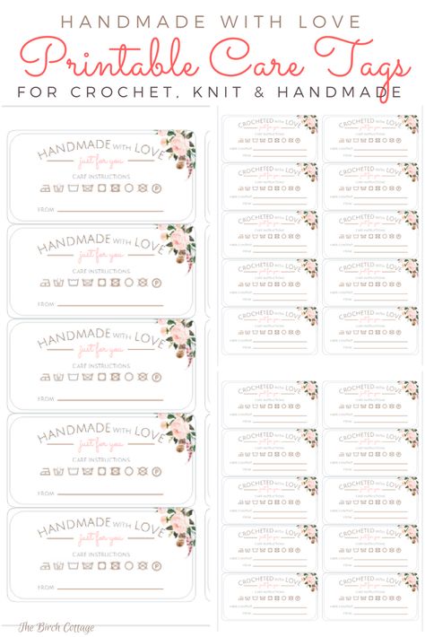 Printable Care Tags for Handmade Gifts from The Birch Cottage Made By Hand Labels Free Printable, Free Printable Care Instruction Labels, Crochet Tags And Labels Printable, Crochet Tags And Labels, Crochet Tags, Tags For Handmade Items, Christmas Tags Handmade, Crochet Labels, Handmade Labels