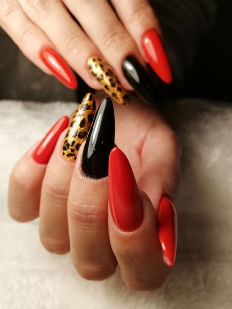 19 Captivating Red Gel Nail Ideas for Timeless Glamour Red And Black Leopard Nails, Red Animal Print Nails, Black Leopard Nails, Red Leopard Print Nails, Red Black Nails, Matte Stiletto Nails, Nails Colour, Leopard Nail Designs, Red Chrome Nails