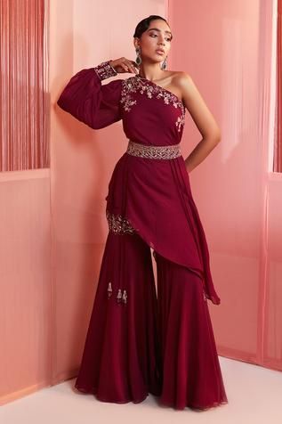 Shop for Sanya Gulati Maroon Shantoon One Shoulder Kurta And Sharara Set for Women Online at Aza Fashions One Shoulder Sharara Suit, Karwa Chauth Dress, One Shoulder Kurta, Kurta And Sharara Set, One Shoulder Cape, Kurta And Sharara, Embroidered Cuffs, Embroidered Sharara, Indian Bridesmaids