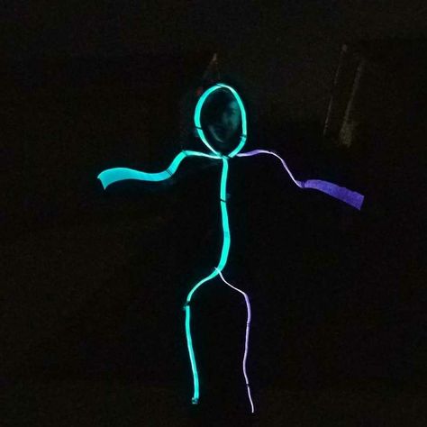 Stickman led light homemade costume. #Stickman #colungafam Diy Stick Man Costume, Diy Stickman Costume, Glow Stick People Costume, Stickman Costume, Led Stick Figure Costume, Coatume Led Lights, Stick Man, Homemade Costume, Goofy Ahh