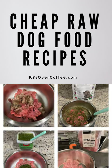 4 different pictures of cheap homemade raw dog food in stainless steel bowls. Semi Raw Dog Diet, Dog Raw Diet Recipes, Puppy Raw Food Diet, Raw Food Dog Recipes, Raw Dog Food Diet For Beginners, Puppy Raw Food Recipes, Raw Food Diet For Dogs Recipes, Raw Dog Food Meal Prep, Raw Pet Food Recipes