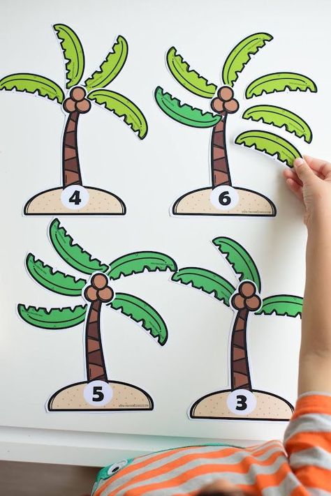 SUMMER THEMED LEARNING: COCONUT LEAVES COUNTING Summer Math Activities, Coconut Leaves, Summer Math, Math Activities For Kids, Summer Preschool, Learning Projects, Theme Activity, Summer Learning, Counting Activities