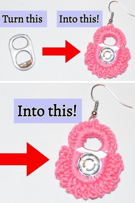 Crochet Soda tab Earrings Tutorial - DIY Pop Tab Jewelry Pop Tab Jewelry, Crochet Soda Tab, Soda Tab Earrings, Tab Jewelry, Tab Earrings, Soda Tab Crafts, Soda Can Tabs, Soda Tab, Diy Pop