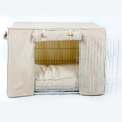 Dog Crate, Cover and Cushion Set in Regency Stripe Aesthetic Dog Kennel, Aesthetic Dog Set Up, Pretty Dog Crate, New Puppy Set Up, Dog Crate Aesthetic, Dog Crate Cover Ideas, Aesthetic Puppy Supplies, Cute Dog Kennel, Puppy Set Up