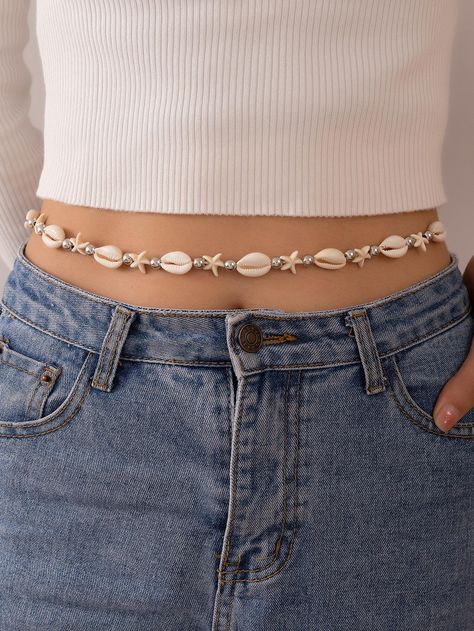 Beige  Collar  Polyester  Waist Chain Embellished   Women's Fashion Jewelry Beaded Waist Chain, Diy Earrings Easy, Diy Fabric Jewellery, Waist Jewelry, Fancy Jewellery Designs, Women Waist, Shell Decor, Chain For Women, Shell Design