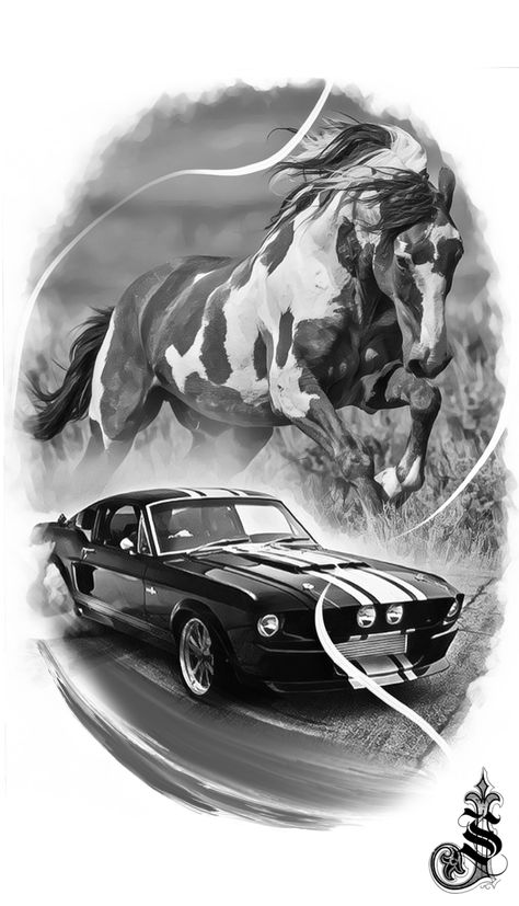 Mustang Tattoo, Cool Nature, Lion Head Tattoos, Mustang Horse, Cool Car Drawings, Car Tattoos, Car Artwork, Tattoo Desings, Tattoo Project