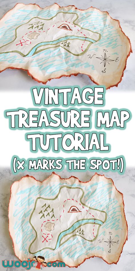 Vintage Treasure Map Craft Tutorial (X Marks the Spot!) | Woo! Jr. Kids Activities Treasure Map Craft, Map Art Projects, Treasure Maps For Kids, Adventure Crafts, Pirate Activities, X Letter, Pirate Treasure Maps, Pirate Crafts, X Marks The Spot