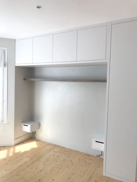 Overbed fitted wardrobes and storage units, bespoke overhead storage Overhead Storage Bedroom, Overhead Storage Ideas, Space Savers Bedroom, Storage Ideas For Small Bedrooms, Overbed Storage, Ideas For Small Bedrooms, Bed Unit, Bedroom Built In Wardrobe, All White Room