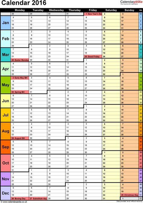 Template 15: Yearly calendar 2016 as PDF template, portrait orientation, 1 page, with UK bank holidays and week numbers, days in continuous flow/rolling layout 2023 Full Year Calendar, Yearly Overview Printable, Event Calendar Template, Year At A Glance Calendar, Calendar Number Printables 1-31, Yearly Calendar Template, Excel Calendar Template, Printable Yearly Calendar, Excel Calendar