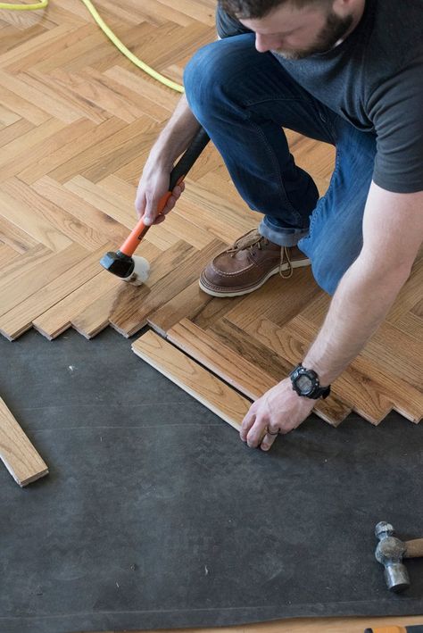 Herringbone Hardwood Floors, Wood Floor Installation, Guest Bathroom Renovation, Room For Tuesday, Mellow Colors, Installing Hardwood Floors, Parquet Floor, Herringbone Wood Floor, Herringbone Wood