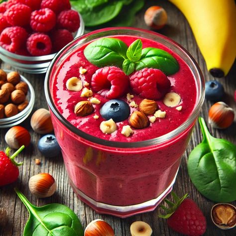 Refreshing Red Smoothie with Berries, Hazelnuts, and Spinach Vegetable Salads, Red Smoothie, Smoothie Packs, Creamy Texture, Mixed Berries, Sweet Taste, Juicing Recipes, Refreshing Drinks, Organic Recipes