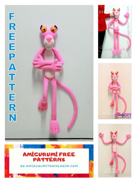 Amigurumi Pink Panther Free Crochet Pattern - En.amigurumitariflerim.com Crochet Toys Free, Crochet Animal Amigurumi, Animal Knitting Patterns, Crochet Disney, Pola Amigurumi, Crochet Animals Free Patterns, Crochet Amigurumi Free Patterns, Crochet Amigurumi Free, Pink Panther