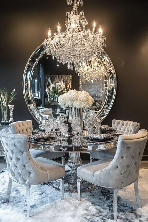 Glamorous Dining Room Luxury, Black And Silver Dining Room Decor, Art Deco Dining Room Ideas, Club Atmosphere, Deco Dining Room, Dining Room Glam, Glam Dining Room, Retro Dining Rooms, Art Deco Dining Room