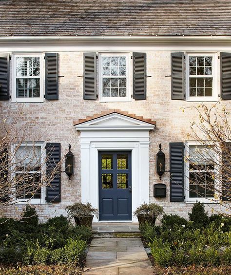 Whether aqua, navy, or azure, blue front doors always charm. Pick your favorite shade to instantly enhance your home's curb appeal. You'll fall in love with your front door all over again with these lovely blue hues. Gray Front Door Colors, Exterior Refresh, Navy Front Door, Blue Front Door, Black Shutters, Exterior Front Doors, Shutters Exterior, Front Door Colors, Exterior Stone