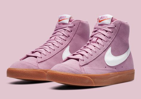 Nike Blazer Mid 77 Pairs Classic Gum With Soft Pink Suede Nike Blazers Hot Pink, Pink And Blue Blazers Nike, Pink Nike Blazers Low, Blazers Pink Nike, Blush Pink Nike Blazers, Jordan Casual Shoes, Jordan 1 Retro High Turbo Green, Brown Jacket Outfit, Light Blue Crop Top