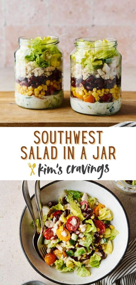 Delicious Southwest Salad in a Jar is quick and easy to make, and perfect for meal prep! Tender chicken is layered with crunchy cucumbers, fresh tomatoes, corn, black beans and crisp lettuce with creamy dressing in a jar. So, you don’t have to worry about your veggies getting soggy or bringing a separate container for dressing! Southwest Chicken Salad Meal Prep, Southwest Bowl Meal Prep, Black Bean And Corn Mason Jar Salad, Southwest Mason Jar Salad, Salads In Jars, Salad Meal Prep Mason Jar, Vegetarian Jar Meals, Meal Prep Salad In A Jar, Jar Meal Prep Ideas