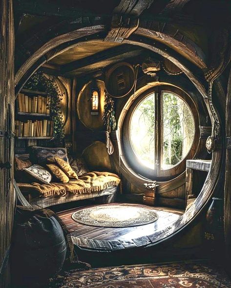 Goth Hobbit Aesthetic, Hobit Houses Inside, Goth Cabin, Hobbit Home Aesthetic, Hobbit Hole House, Hobbit Library, Circular Bedroom, Circular Room, Hobbit House Interior