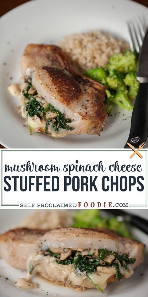 Spinach Stuffed Pork Chops, Baked Stuffed Pork Chops, Cheese Pork Chops, Bone In Pork Chops, Stuffed Pork Chops, Pork Chop Recipe, Pork Chop Recipes Baked, Pork Chop Dinner, Stuffed Pork