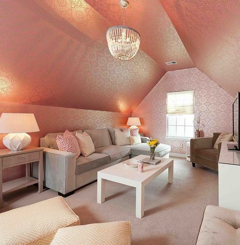 Family room with stunning use of pink wallpaper [Design: Heather ODonovan Interior Design] Breezeway Ideas, Teen Lounge, Hangout Room, Girly Apartments, Girly Apartment Decor, Gold Rooms, Deep River, Attic Design, Attic Bedrooms