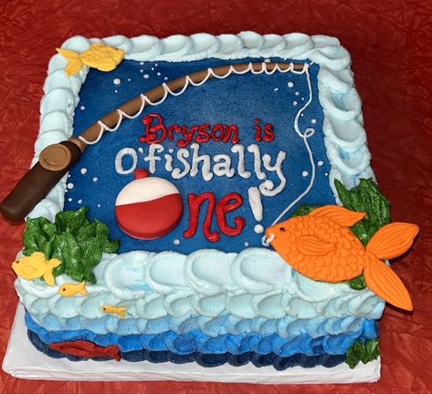 1st Birthday Fishing Theme, Birthday Fishing Theme, Fishing Theme Cake, Lake Cake, Birthday Fishing, Fishing Themed Birthday Party, Fishing Cake, Theme First Birthday, Fishing Birthday