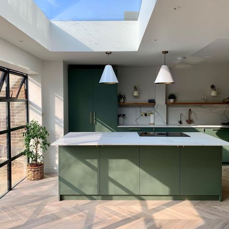 Grey Herringbone Floor, Cooking Outside, Herringbone Wood Floor, Herringbone Wood, Pale Wood, London Kitchen, London Home, Sleek Kitchen, Kitchen Transformation