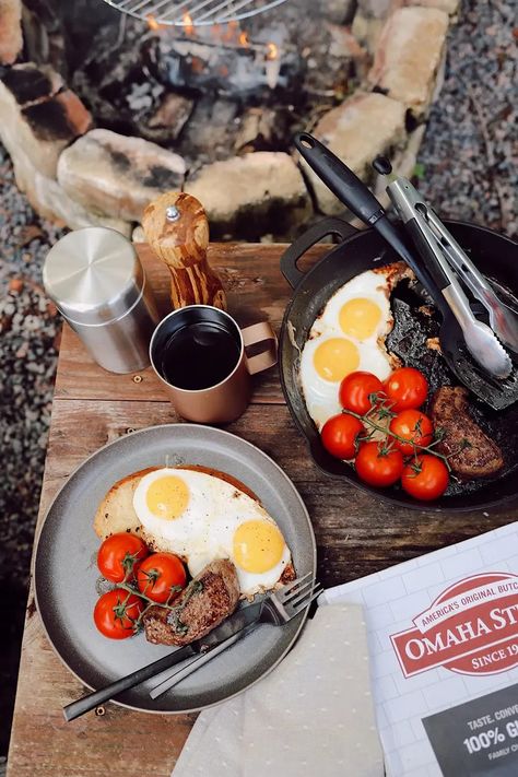 Over the Fire Cooking Steak and Eggs Breakfast for a Delicious Campfire Meal. Cool camping ideas for cooking. Steak And Eggs Breakfast, Campfire Meal, Camping In Florida, Vine Tomatoes, Omaha Steaks, Florida Camping, Eggs Breakfast, Seasoning Salt, Campfire Food