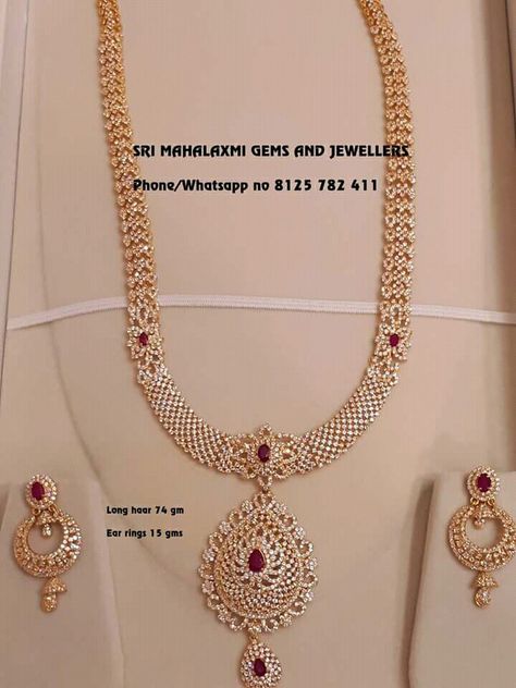 White Stone Haram Designs Gold, White Stones Long Haram Gold, White Stone Haram Indian Gold, White Stone Haram, White Stone Jewelry, Indian Gold Necklace Designs, Wedding Jewellery Designs, Haram Designs, Stone Jewellery Designs