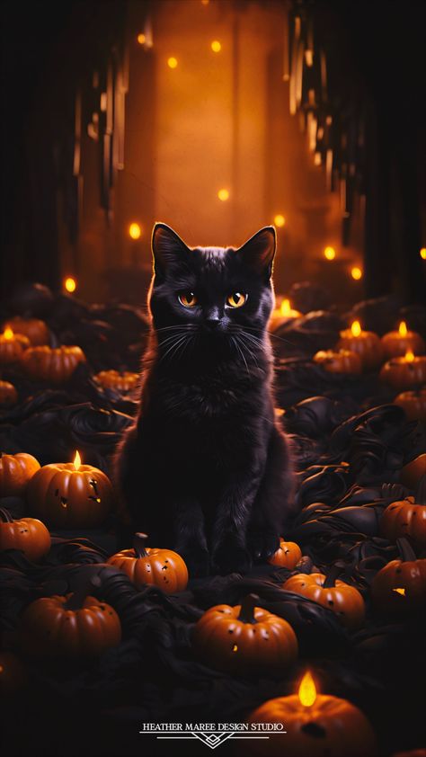 Embrace the enchanting spirit of autumn with this captivating image where a silky black cat, its amber eyes gleaming, lounges amidst a sea of little orange pumpkins in a dark spooky room. The contrast of black and orange evokes the essence of Halloween. Set this as your fall wallpaper or lock screen for a bewitching seasonal touch that captures the magic of the season | Fall Aesthetic | Halloween Wallpaper | Fall Backgrounds Iphone | Spooky Aesthetic Black And Orange Iphone Wallpaper, Halloween Animal Wallpaper, Fall Black Cat Wallpaper, Wallpaper Backgrounds Halloween Cute, Fall And Christmas Wallpaper, Halloween Cat Backgrounds Wallpapers, Samhain Wallpaper Iphone, 4k Wallpaper Iphone Halloween, Black Cats Wallpaper Aesthetic