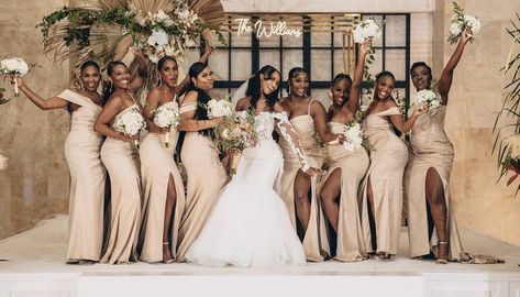 Champagne And Green Bridal Party, Black Women Bridal Party, Black And Champagne Bridesmaid Dresses, Champagne Bridesmaid Dresses Black Women, Champagne Bridesmaid Dresses With Grooms, Black And Tan Wedding, Champagne And Black Wedding, Bridesmaid Aesthetic, Beige Wedding Theme