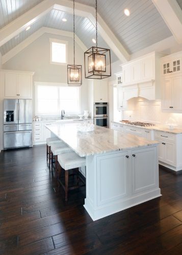 Dark Wood Floor Kitchen Modern, Light Brown Wood Floors Kitchen, White Kitchen Cabinets Dark Wood Floors, Modern Farmhouse Kitchens Dark Floors, Dark Wood Floor White Kitchen, Dark Floorboards Kitchen, Dark Brown Hardwood Floors Kitchen, Light Wood Floors White Cabinets, Kitchen Design With Dark Floors