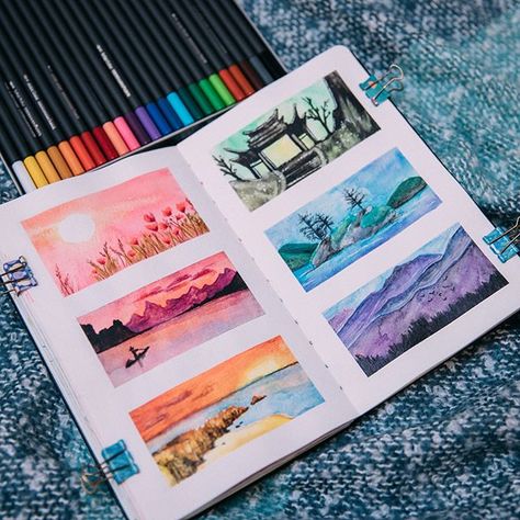 Here's another Sketchbook idea from my Skillshare class! ❤ (#linkinbio) Just paint or draw different tiny landscapes with one main color… Sketchbook Idea, Tiny Landscape, Gcse Art Sketchbook, Skillshare Classes, Insta Bio, Sketchbook Art Journal, 수채화 그림, Gcse Art, Sketchbook Art