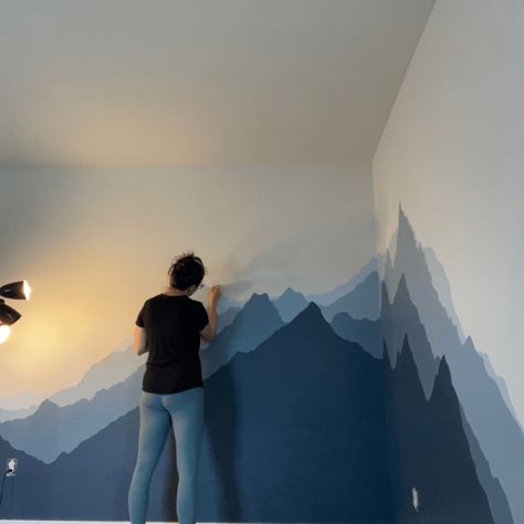 Diy Mountain Mural, Mountain Wall Painting, Mountain Bedroom, Boys Room Mural, Watercolor Night Sky, Mountain Wall Mural, Wall Murals Diy, Mountain Mural, Mountain Nursery