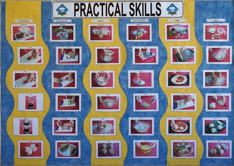 Food Room Displays - practical skills Food Technology Classroom Displays, Food Technology Display Boards, Dt Display Boards, Winter Classroom Display, Cooking Classroom Theme, Classroom Displays Secondary, Maths Classroom Displays, Classroom Wall Displays, Food Staging