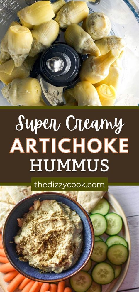 This smooth artichoke hummus is super creamy and delicious! Tangy artichoke hearts are combined with garlic, tahini, and olive oil for the most delicious dip. This artichoke hummus is a delicious take on regular hummus that's a little more tangy in flavor without adding citrus. It's perfect for parties, Mediterranean mezze platters, or a quick snack paired with pita, vegetables, or pretzels. Pistachio Hummus Recipe, Spinach Artichoke Hummus, Hummus Recipe Homemade Easy No Tahini, Easy Artichoke Recipes, Artichoke Snack, Hummus Platter Ideas, Olive Hummus Recipe, Artichoke Hummus Recipe, Mediterranean Mezze