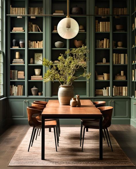 Green Library Room, Dining Room Library Combo, Dining Room Bookshelves, Green Bookshelves, Dining Room Library, Floor To Ceiling Bookshelves, Home Library Rooms, Breakfast Nooks, Window Seats