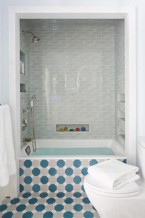 Bathroom Alcove, Kid Friendly Bathroom, Bathtub Alcove, Tiled Bathroom, Grey Subway Tiles, Bathtub Tile, House Of Turquoise, Luxe Interiors, Bath Room