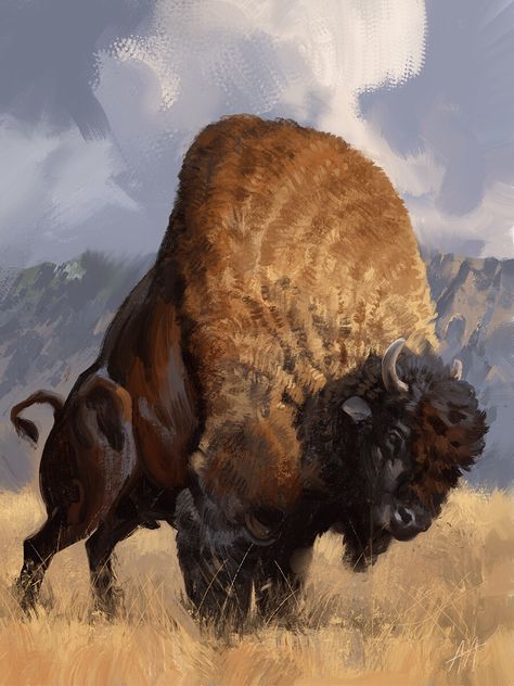 ArtStation - Bison, Alex Alexandrov Bison Art, Traditional Paintings, Creature Art, Spirit Animal, Animal Design, Character Design Inspiration, Painting Techniques, Digital Painting, Creative Art