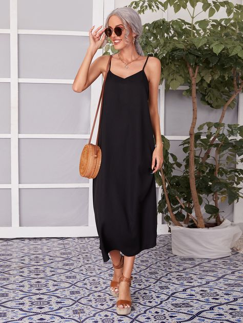 Black Casual Collar Sleeveless Fabric Plain Cami Embellished Non-Stretch Summer Women Dresses Spaghetti Strap Black Dress Outfit, Black Linen Dress Outfit Summer, Black Cami Dress Outfit, Strappy Dress Outfit, Long Black Dress Casual, Linen Dress Outfit, Cami Dress Outfit, Black Cami Dress, Black Strappy Dress