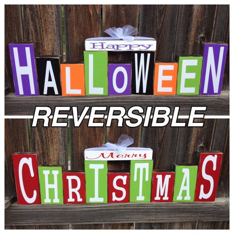 Reversible Holiday Decor, Diy Halloween Signs Wood, Gibson Garage, Reversible Decor, Christmas Wood Blocks, Reversible Blocks, Wood Block Crafts, Halloween And Christmas, Block Letters