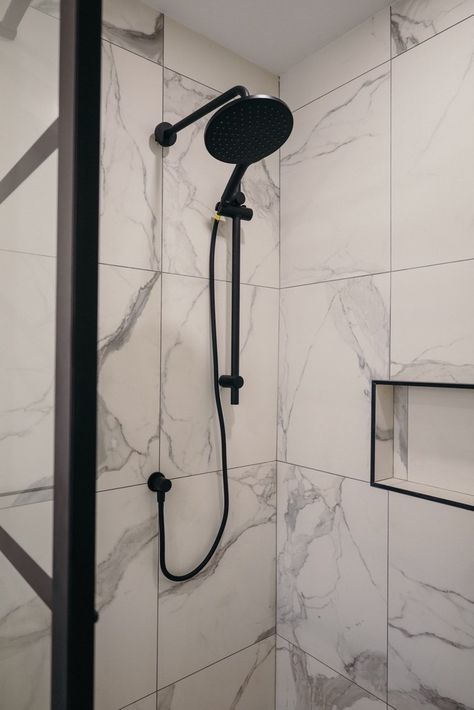 Bathroom Tiles With Black Grout, Marble Shower With Black Fixtures, White Marble Shower, Marble Shower Tile, Black Grout, White Marble Bathrooms, Full Bathroom Remodel, Dark Floors, Marble Showers