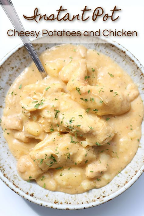 Instant Pot Cheesy Potatoes and Chicken–ultimate comfort food! Cheese sauce envelopes tender bites of chicken and cubed potatoes. Make it fast in your Instant Pot. Instant Pot Cheesy Potatoes, Pressure Cooker Shredded Chicken, Simple Bbq Chicken, Fall Instant Pot Recipes, Spicy Mexican Chicken, Potatoes And Chicken, Best Pressure Cooker Recipes, Instant Pot Tips, Instant Pot Chicken Recipes