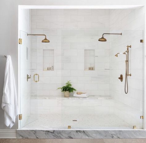 5x7 Shower Ideas, Long Master Shower Ideas, Master Shower Ideas Two Shower Heads, Shower At End Of Bathroom, Master Shower Plumbing Fixtures, 2 Shower Heads Bathroom Master Bath, Spa Master Bathrooms 2022, Calacatta Quartz Bathroom, Walk In Shower For Older People