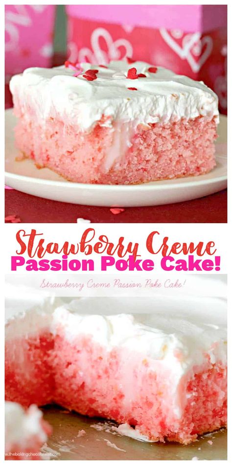 Strawberry Creme Passion Poke Cake! Perfect for any time of the year, this Strawberry Creme 'Passion' Poke Cake is dazzling, passionate and bursting out the doors with dreamy flavors! Strawberry Poke Cake, Dessert Oreo, Strawberry Festival, Desserts Keto, Strawberry Cake Mix, Poke Cake Recipes, Poke Cakes, Desserts Vegan, Salty Cake