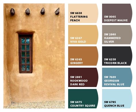 ColorSnap by Sherwin-Williams – ColorSnap by lalaarnett Spanish Interior Color Palette, Hacienda Paint Colors, Hacienda Color Palette, Santa Fe Style Homes Exterior, Adobe Bathroom, Southwestern Exterior, Southwestern Color Palette, Tuscan Cottage, Mediterranean Color Palette