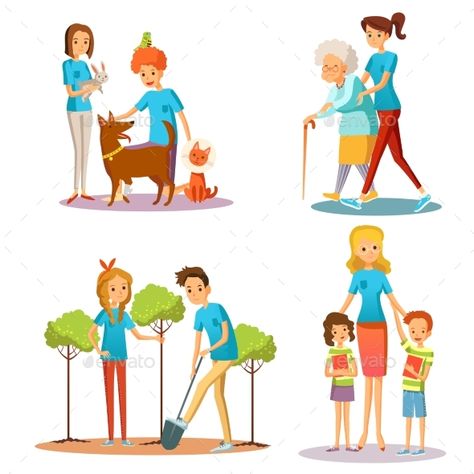 Volunteer People Help Flat Cartoon Collection Helping People Cartoon, Wood Illustration, Academy Logo, Adventure Logo, Music Festival Poster, Good Citizen, Isometric Illustration, Tree Logos, Photo Collage Template