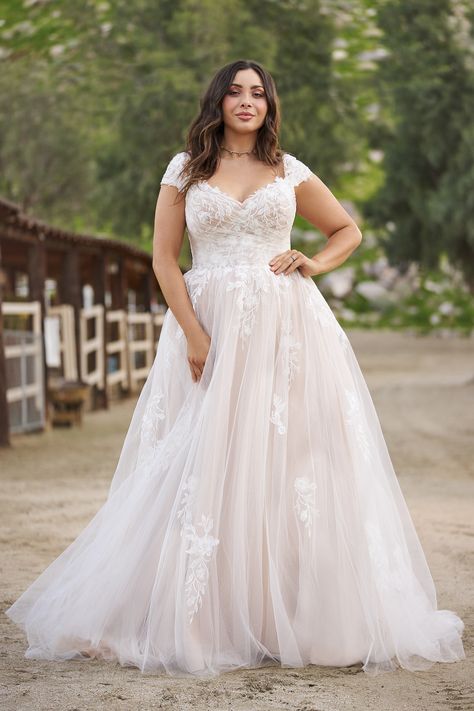 Lillian West - Style 66259PS: Tulle A-Line Plus Size Bridal Dress with Sheer Bodice and Chapel Length Train Plus Size Vintage Lace Wedding Dress, Putdoor Wedding Dress, Plus Size Outdoor Wedding Dress, Wedding Dresses With Short Sleeves Plus Size, Size 12 Bride Wedding Gowns, Cap Sleeve Wedding Dress Plus Size, Plus Size Wedding Dress Off Shoulder, Cap Sleeve A Line Wedding Dress, Midsize Wedding Dress A Line