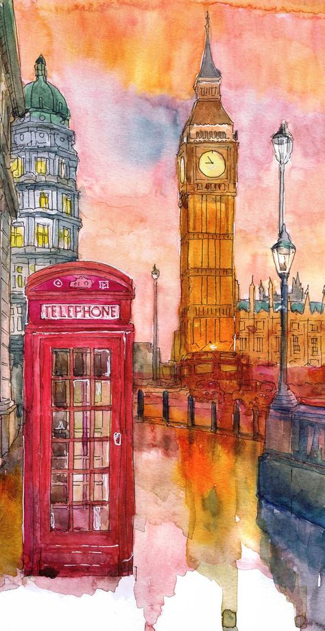 London Skyline Art, Watercolor Painting Big Ben Sketch, British t... London Painting Watercolor, England Watercolor Painting, London Landscape Drawing, London Canvas Painting, London Watercolour Painting, Aesthetic Watercolor Background, British Art Paintings, Watercolor Art On Paper, What To Draw On A Big Canvas