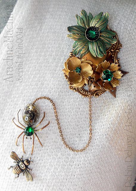 Chatelaine style brooch made from vintage style brass components.   By Robin Delargy of LooLoo's Box, brass from bsueboutiques.com Vintage Brass Brooch Jewelry, Spider Brooch, Ornate Handmade Pendant Brooches, Spider Brooch Jewelry, Victorian Metal Brooch, Spider Jewelry, Bijoux Art Nouveau, Insect Jewelry, Victorian Steampunk