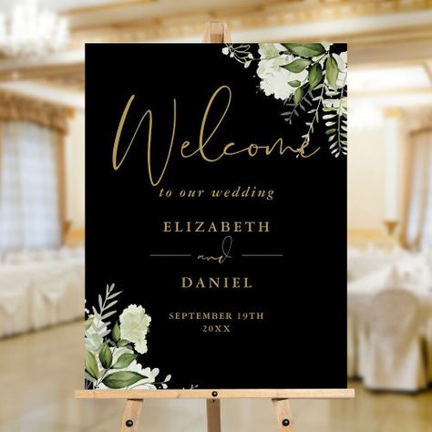 $44.20 | Black And Gold Script Floral Wedding Welcome Sign #wedding welcome sign, wedding welcome poster, greenery leaves botanical wedding, watercolor floral foliage, spring summer fall wedding, outdoor country garden wedding, rustic eucalyptus, modern simple calligraphy, sage green, black and gold Fall Wedding Outdoor, Summer Fall Wedding, Chic Typography, Country Garden Wedding, Simple Calligraphy, Church Anniversary, Welcome Sign Wedding, Floral Foliage, Gold Wedding Inspiration